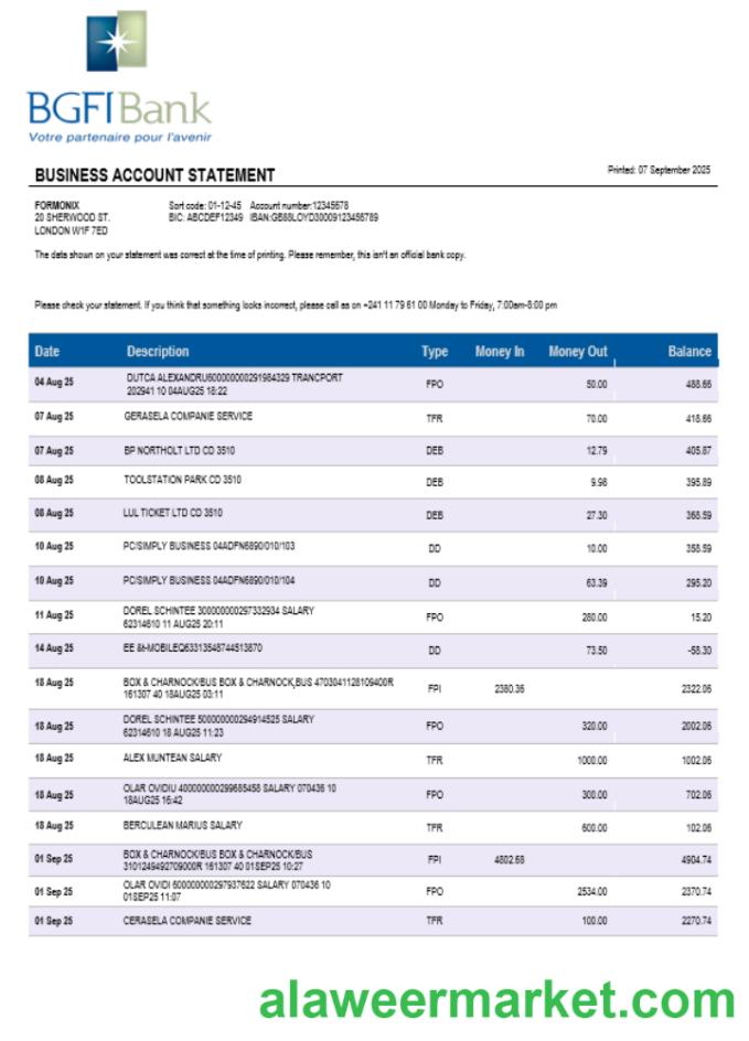 BGFI bank firm account statement Word  and PDF format
